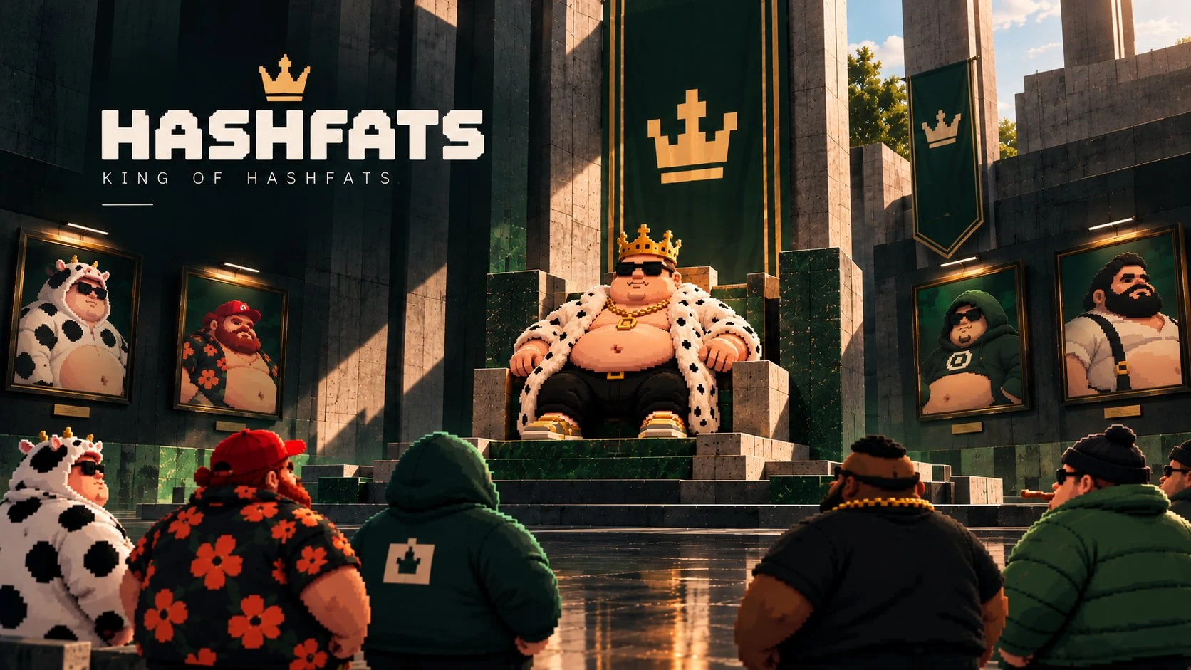 A Fat in a crown and fur coat on a stone throne, with portraits of other Fats along the walls.