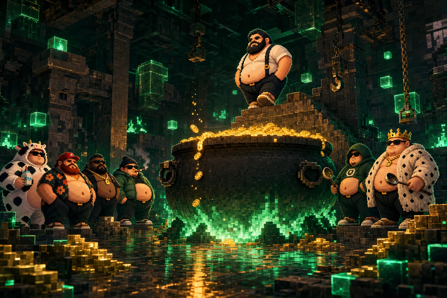 A Fat standing on a stone step above a huge cauldron of molten gold over a green fire, while the others watch holding ladles.