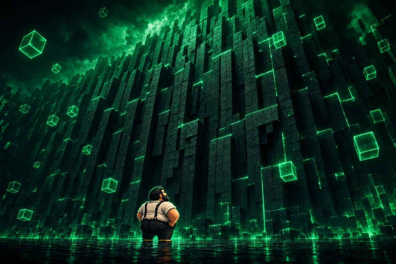 One small Fat in suspenders looking up at a colossal wall of dark blocks with glowing green seams.